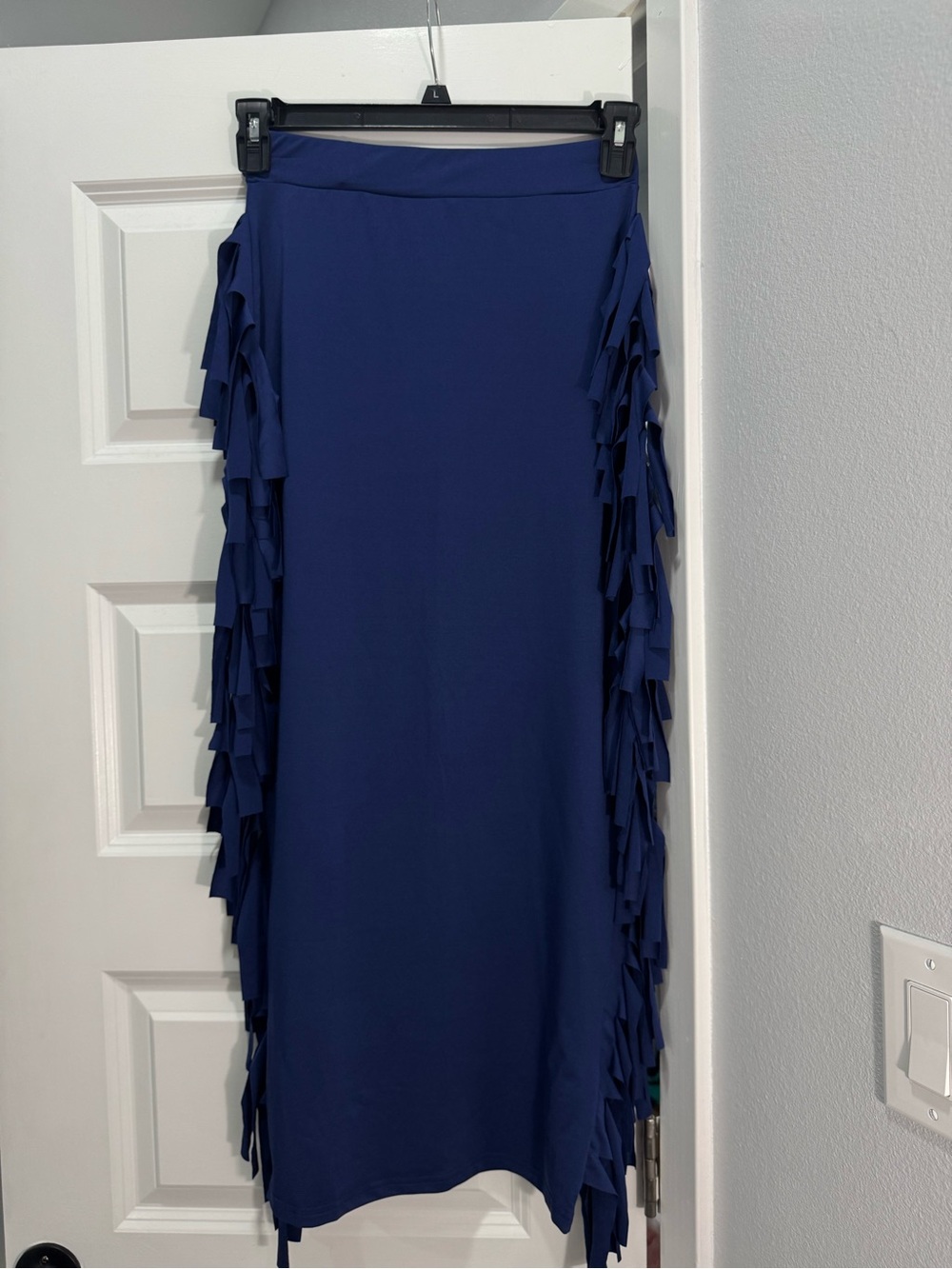 Midi Fringe-Trim Skirt in Navy